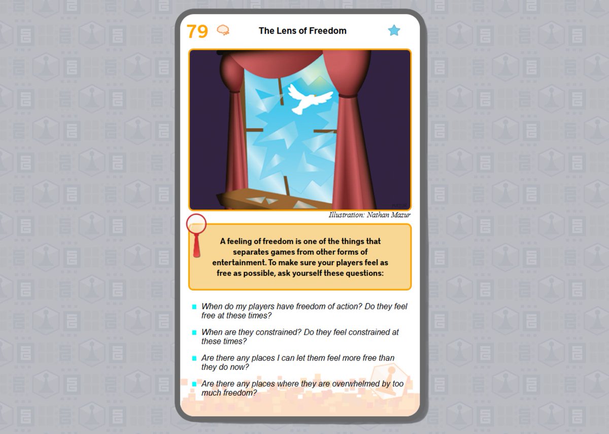 A feeling of freedom is what separates games from other forms of media.

🕊️ Lens of Freedom 🕊️
☑️ Do your players have freedom of action?
☑️ Are your players feeling constrained?
☑️ Are there any areas where players feel overwhelmed by too much freedom?

#gamedev #LensoftheMonth