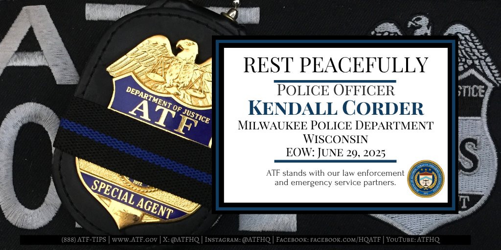 ATF HQ (@atfhq) on Twitter photo Our deep condolences go out to <a href="/MilwaukeePolice/">Milwaukee Police</a> and the family and friends of Police Officer Kendall Corder, who was ambushed while responding to a domestic violence call and died from gunshot wounds. He served with the department for more than six years. #LODD #EOW <a href="/ATFStPaul/">ATF St. Paul</a> Our deep condolences go out to <a href="/MilwaukeePolice/">Milwaukee Police</a> and the family and friends of Police Officer Kendall Corder, who was ambushed while responding to a domestic violence call and died from gunshot wounds. He served with the department for more than six years. #LODD #EOW <a href="/ATFStPaul/">ATF St. Paul</a>
