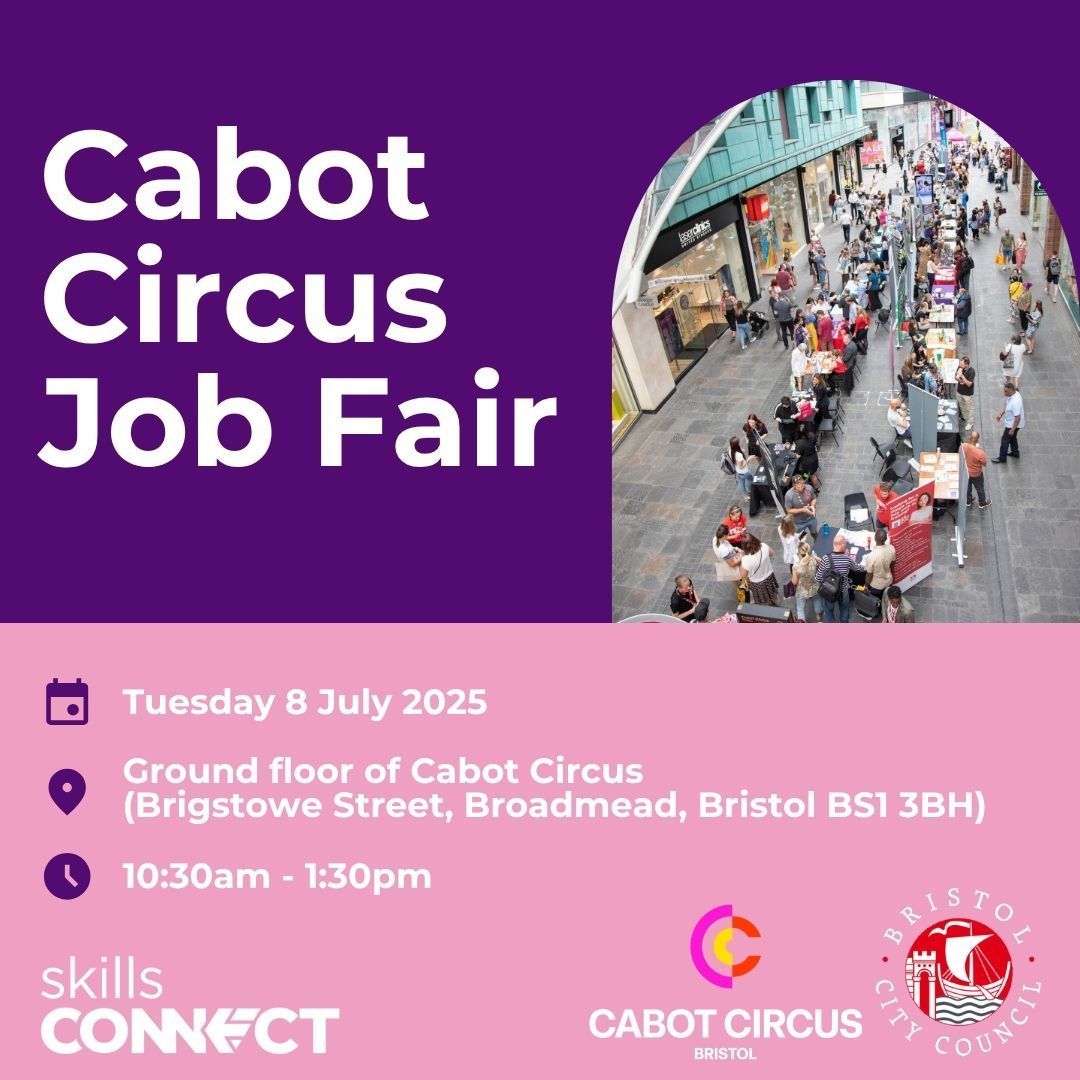 Looking for a job? Join us at the Cabot Circus Job Fair for a chance to meet local employers and explore real job opportunities in Bristol. 

📅 Tuesday 8 July
📍 Cabot Circus (Brigstowe Street, Broadmead BS1 3BH) 
⏰ 10:30am to 1:30pm

eventbrite.co.uk/e/cabot-circus…