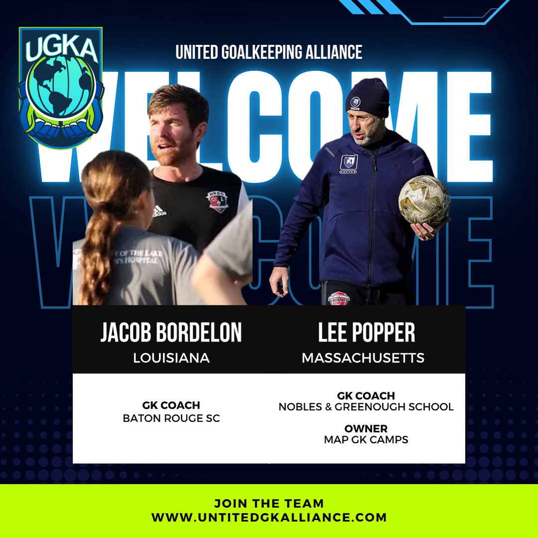 WELCOME our newest UGKA Coaches!

Lee Popper, Massachusetts, <a href="/lee/">zak</a>.popper @massathleteperformance 
- GK Coach, Nobles &amp; Greenough School.  Owner MAP GK Camps

Jacob Bordelon, Louisiana, @jacob_bordelon24 
- GK Coach, Baton Rouge SC 

Stronger everyday!! 
 
One team, one GK family!