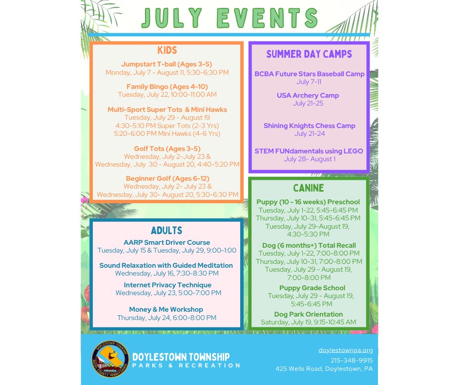 🎆 July is heating up at Doylestown Township!

From summer camps and recreation programs to sports and concerts in the park—there’s something for everyone this month! ☀️🎶

👉 Don’t miss out: doylestownpa.myrec.com/info/activitie…