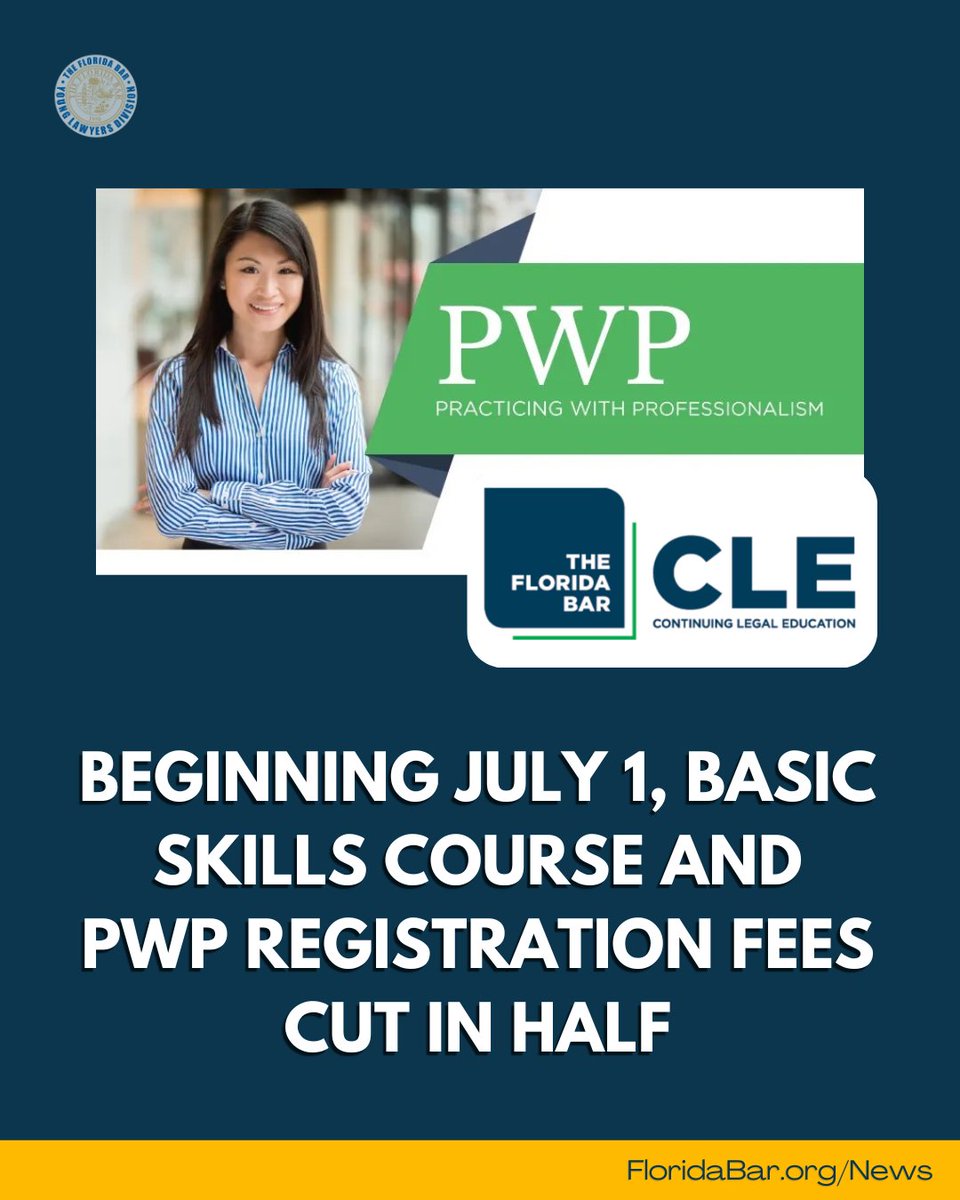 The YLD is thrilled to announce that, beginning today, our Basic Skills courses and Practicing with Professionalism have become more accessible! Beginning today, the cost of each Basic Skills Course will be $90, and PWP will cost $82.50.
floridabar.org/the-florida-ba…