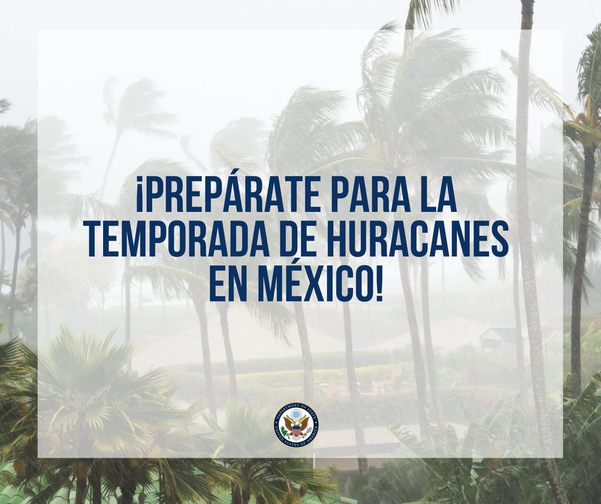 USEmbassyMEX's tweet image. 🌀 La temporada de huracanes en México va de mayo a noviembre, con mayor actividad entre julio y octubre.
Las tormentas pueden provocar cierres de aeropuertos, retrasos en vuelos o la necesidad de refugiarse con suministros limitados. 🛫⛔
📲 ¿Viajas a México durante esta…