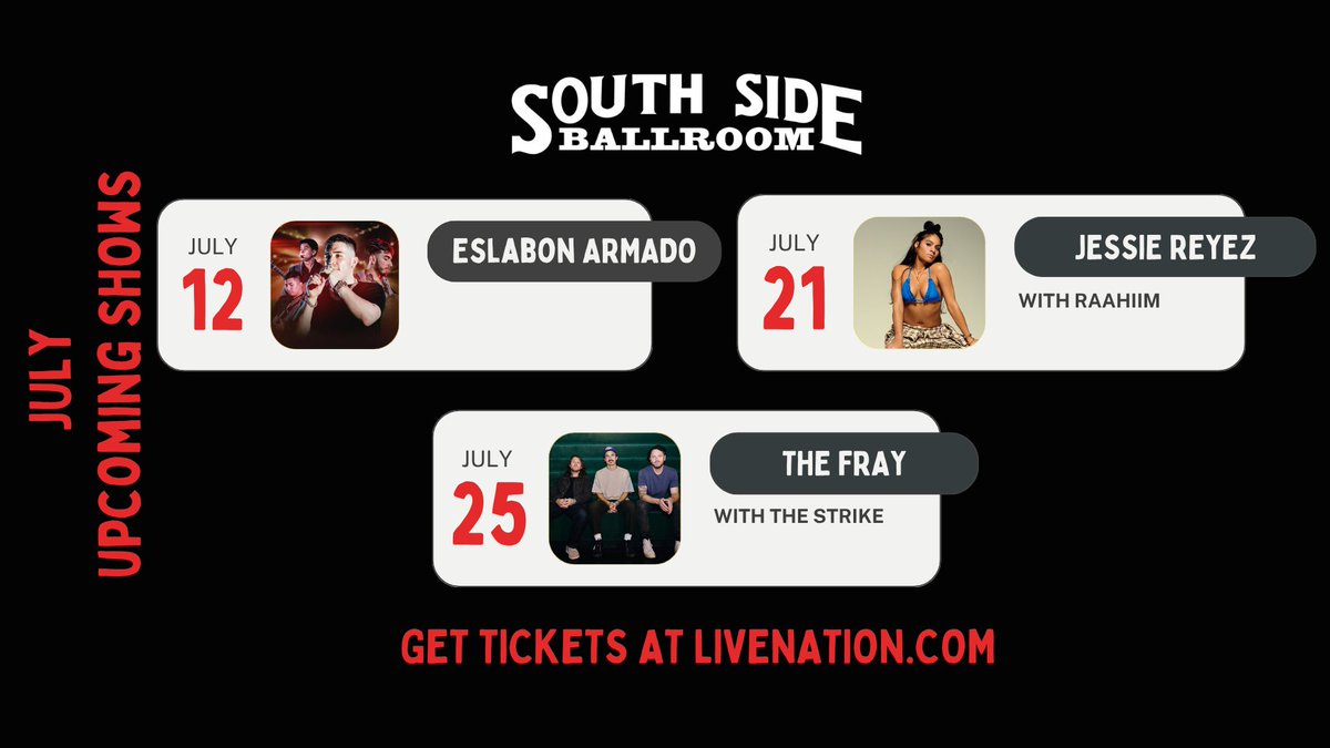 July is turning up the volume with epic shows you won't want to miss! 💥😎

7/12 Eslabon Armado - Low Tickets
7/21 Jessie Reyez
7/25 The Fray - SOLD OUT

Get tickets now 👉 livemu.sc/4dlIjW1
