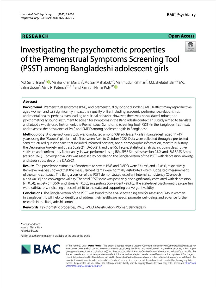 SaifulMsh's tweet image. I'm delighted to share the publication of our latest work: the Validated Bangla Version of the Premenstrual Symptoms Screening Tool (PSST) — a key step forward in assessing Premenstrual Syndrome (PMS) and Premenstrual Dysphoric Disorder (PMDD) in future epidemiological surveys.