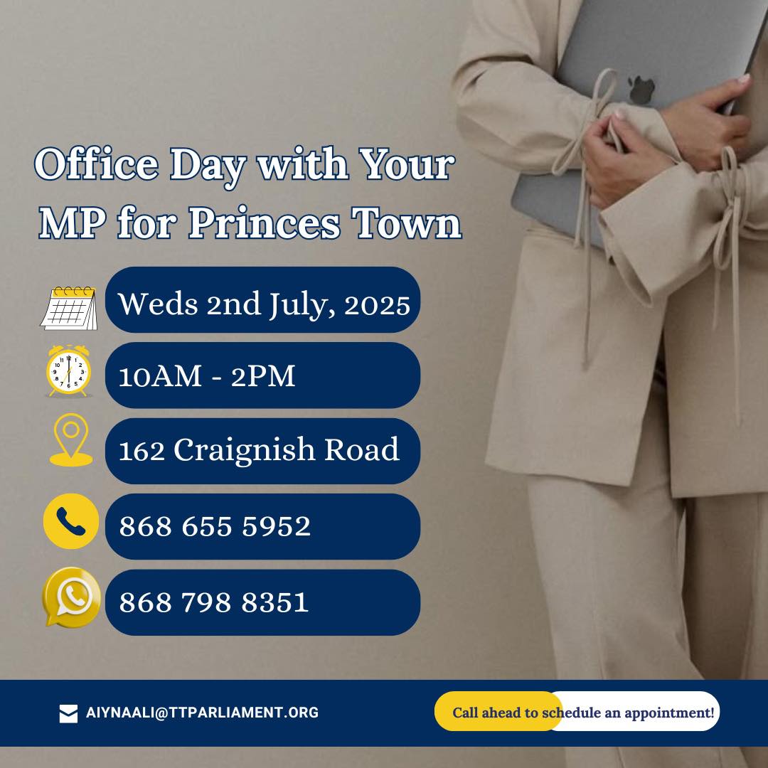 Princes Town Constituents!

I will be in office tomorrow from 10 AM to 2 PM at 162 Craignish Road, Princes Town.

Come by, share your concerns, and let's have a chat! Your voice matters!
