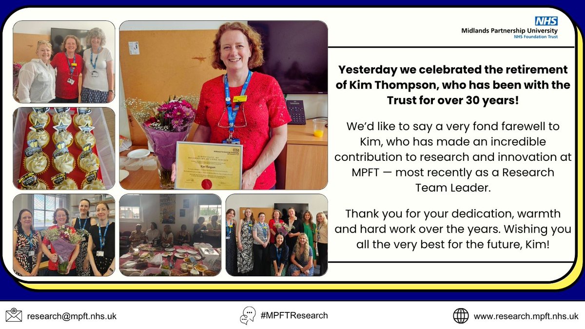 MPFTResearch's tweet image. After more than 30 years at MPFT, Kim Thompson has retired 💙
Kim’s commitment to research and her support for colleagues has made a real difference.
Thank you, Kim - wishing you all the best for the next chapter!
#MPFTResearch #MPFT #Research