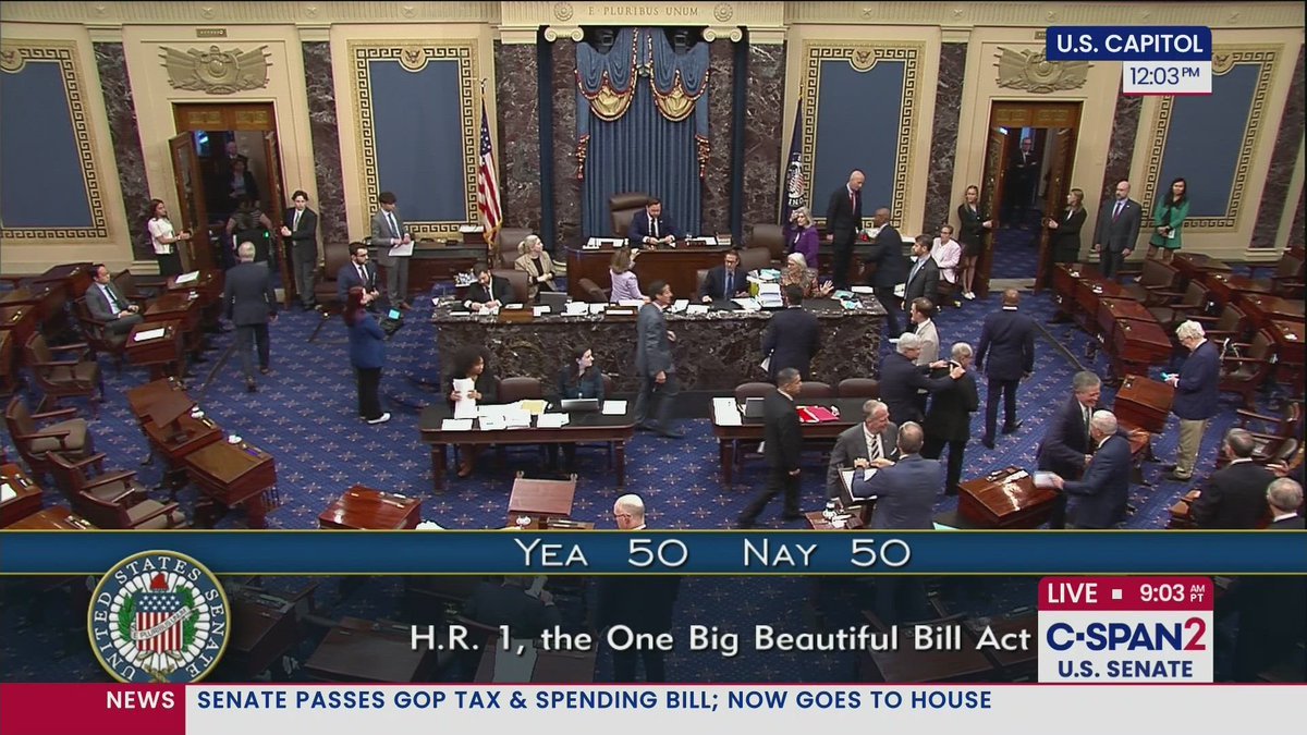 DailyCaller's tweet image. 🚨BREAKING: The 'One Big Beautiful Bill Act' PASSES the Senate, in a 51-50 vote. 

VP Vance broke the tie.