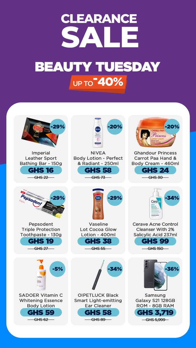 BEAUTY TUESDAY JUST GOT BETTER!

Enjoy up to 40% OFF your favorite beauty and self-care essentials — from NIVEA to Samsung!

Deals valid while stocks last >>>  bit.ly/4kg2XZm

#JumiaClearanceSale #BeautyTuesday