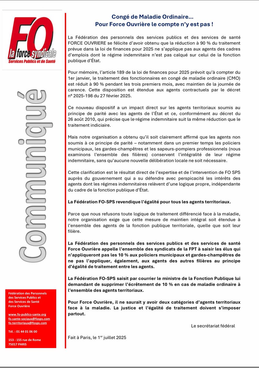 TR: Communiqué fédéral / courrier à M. MARCANGELI, ministre de la FP / Fiche de la DGCL - CONGE DE MALADIE ORDINAIRE (CMO)