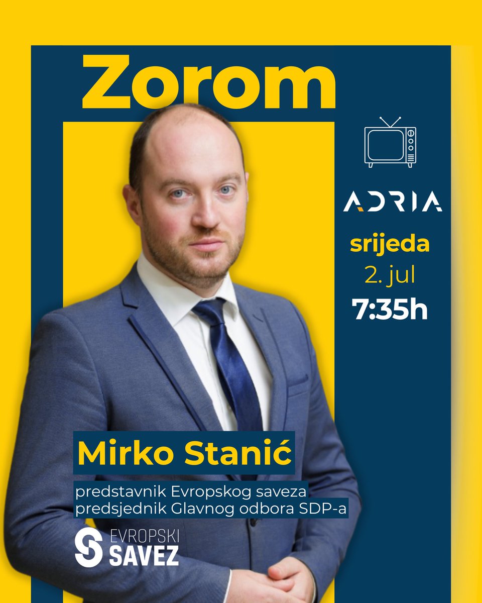 📣Srijeda u 7:35h, jutarnji program TV Adria. <a href="/StanicM/">Mirko Stanic</a> <a href="/SDPCG/">SDP Crne Gore</a>