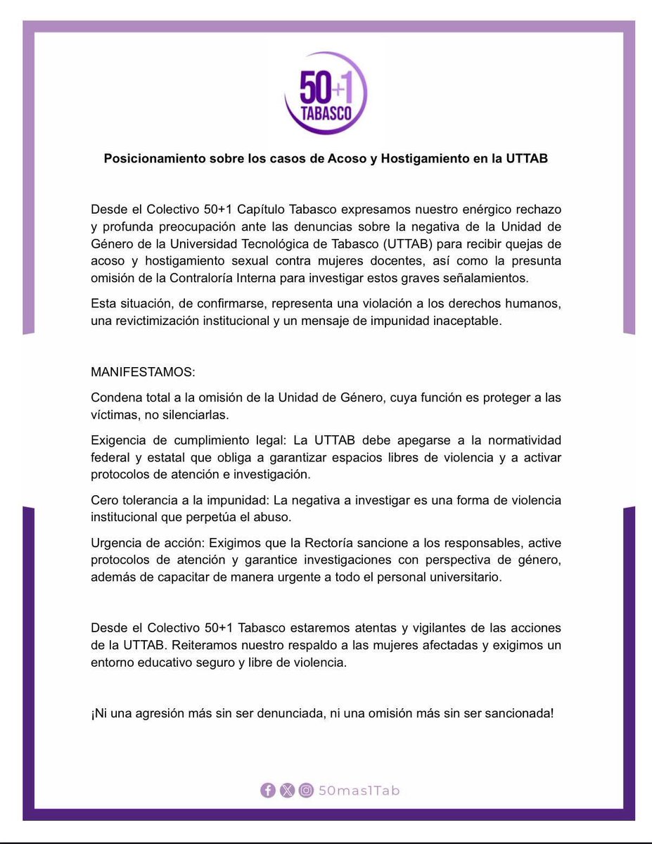 Un espacio educativo tan importante como es la UTTAB debe apegarse a la normatividad, activar protocolos de atención e investigación y garantizar espacios libres de violencia de género.