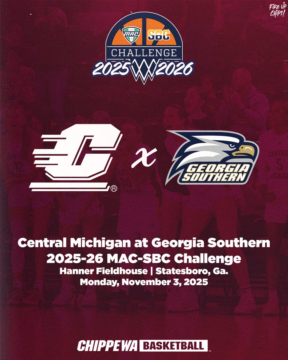 CMUWBBall's tweet image. See y'all in Statesboro ✈️
The 2025-26 season opens at Georgia Southern for the MAC-SBC Challenge!
Read up at CMUChippewas.com 💻
#FireUpChips🔥⬆️🏀 | #WeAre1
