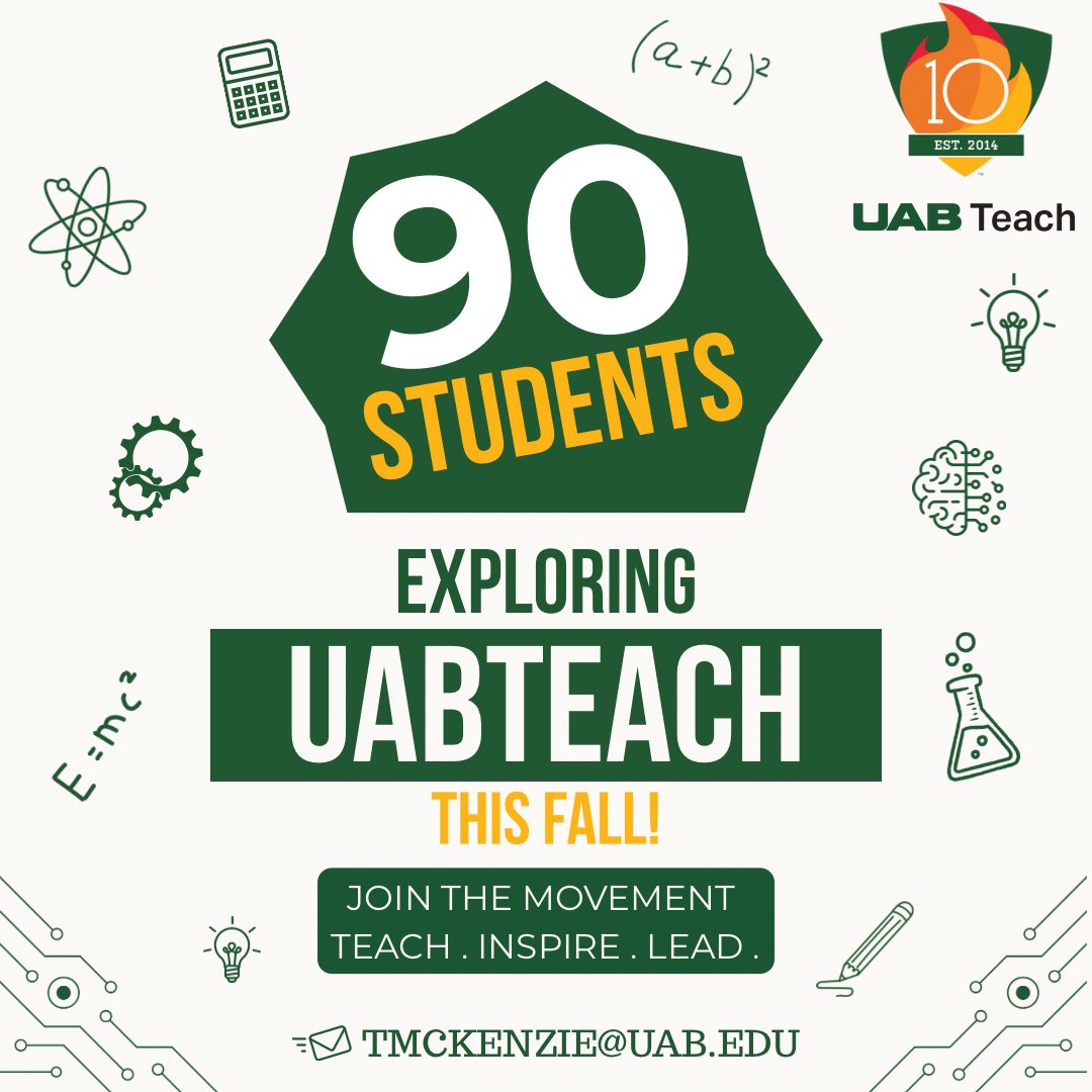 🚨 90 students and counting! 🚨 More are joining UABTeach every day — and you can be a part of it too! 🌟 This fall, explore how you can teach, inspire, and lead with us.

📧 tmckenzie@uab.edu
#UABTeach #JoinTheMovement #FutureEducators #STEMatUAB #TeachInspireLead #BlazerNation