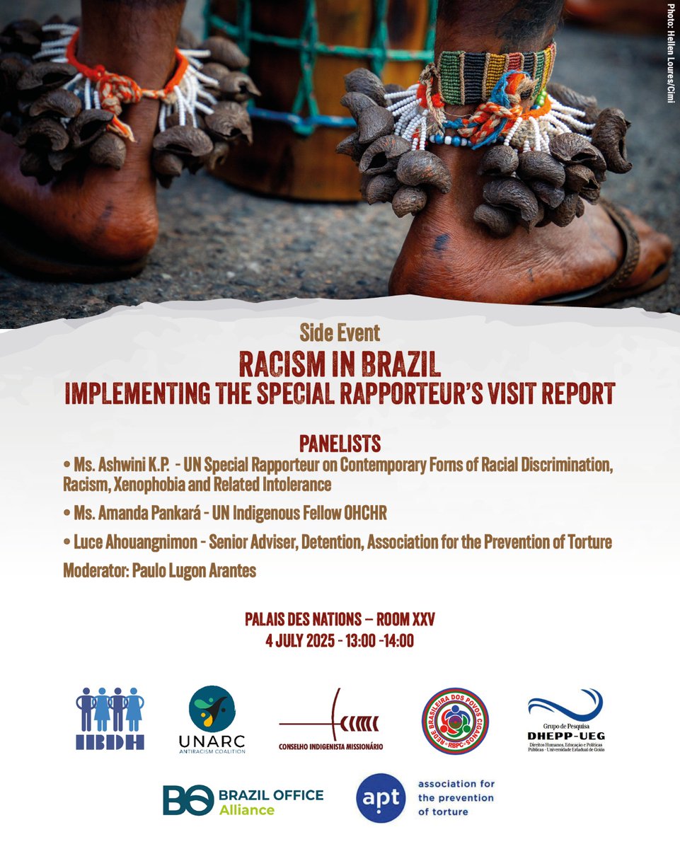 [Evento Paralelo #CDH59 #HRC59]

📌Racismo no #Brasil: Caminhos para Implementar Recomendações da #ONU.

Relatório apresentado após missão oficial da Relatora das Nações Unidas <a href="/dalitwomenrock/">Ashwini K.P</a> ao país.

ℹ️ibdh.org.br/racismo-no-bra…