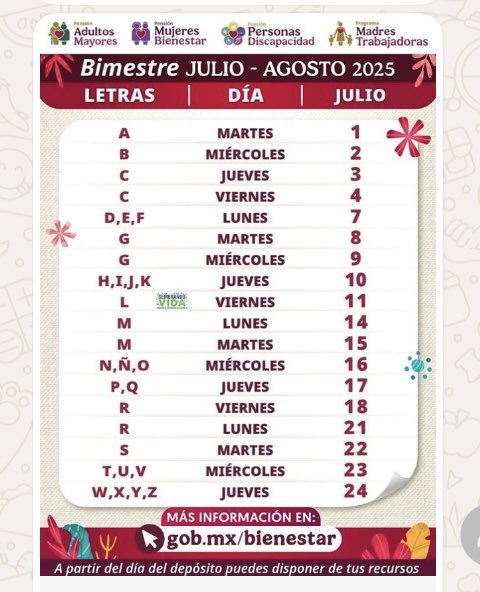 🔴Estas son las fechas de entrega de apoyos del programa #Bienestar correspondientes al bimestre Julio-Agosto// <a href="/LinaBuenoLopez/">Lina Bueno</a> <a href="/Amalia_Escobar/">AEcomunicaciones 🌺</a> <a href="/LicDeDios/">MarthaPerez #Niñosconcáncermuerensinmedicina</a> <a href="/artemisalopezc/">MKZ</a> <a href="/wzuloag/">Wendy BriceñoZuloaga 🍉</a> <a href="/IrisdeaAguayo/">Irisdea Aguayo N.</a> <a href="/rquirrin/">Ruiz Quirrín</a> <a href="/ABN58/">Arturo Ballesteros N</a> <a href="/fjespriella/">Feliciano J. Espriella</a> <a href="/OctavioAlmada1/">Octavio Almada</a> <a href="/JCerecer/">Jose Maria Cerecer S</a> <a href="/bienestarmx/">Bienestar</a> <a href="/kunfupanda2/">Miguel Angel Haro M.</a>