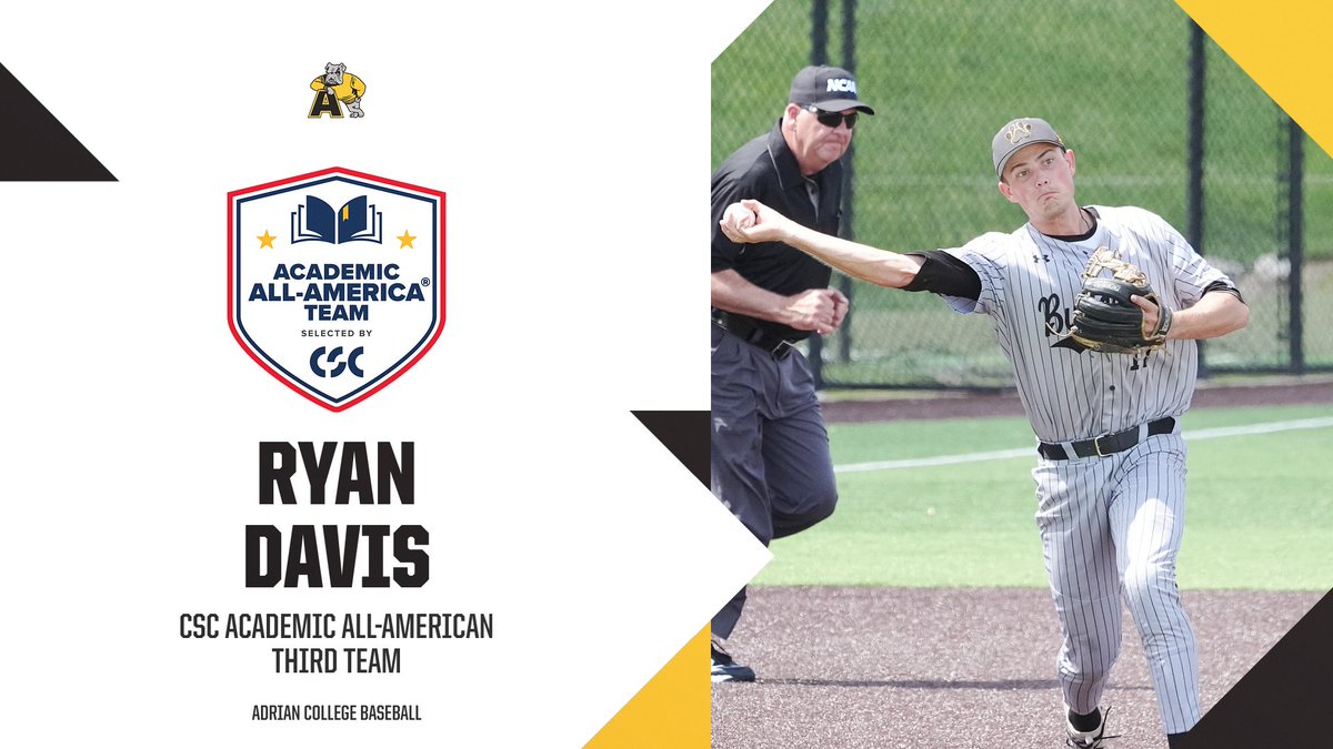 Adrian College Athletics (@adrianbulldogs) on Twitter photo Ryan Davis becomes the seventh player in <a href="/AdrianBaseball/">Adrian College Baseball</a> history to be named a CSC Academic All-American
📰tinyurl.com/3cx9ht6f
#d3baseball #GDTBAB Ryan Davis becomes the seventh player in <a href="/AdrianBaseball/">Adrian College Baseball</a> history to be named a CSC Academic All-American
📰tinyurl.com/3cx9ht6f
#d3baseball #GDTBAB