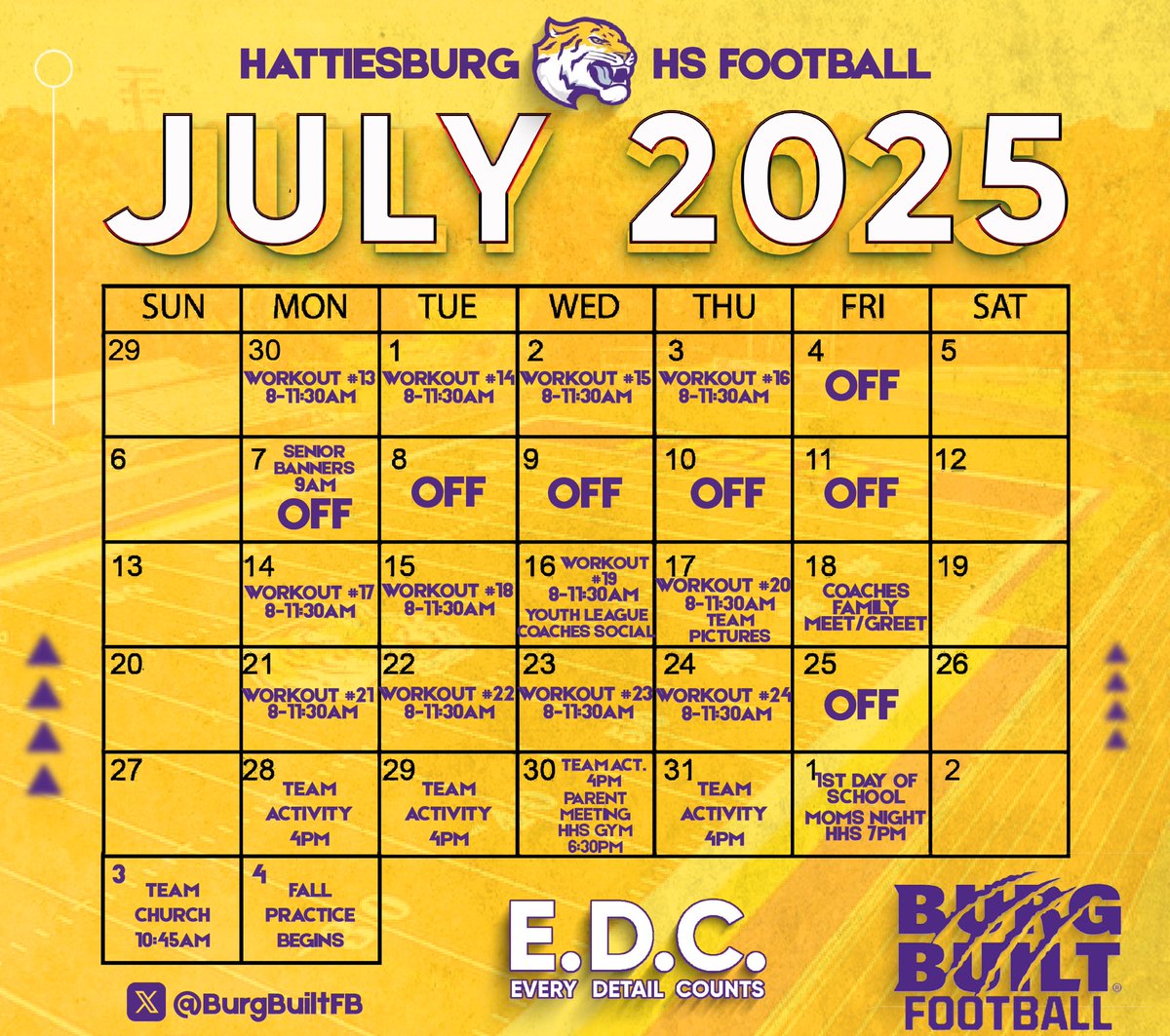 Here is our summer schedule for the month of July. Players, PLEASE DO NOT BE LATE!! Check-in is no later than 7:45am in the locker room. Let’s finish this summer out even stronger than we started!! Go Tigers!! 💜💛 #BurgBuilt™️ #EDC