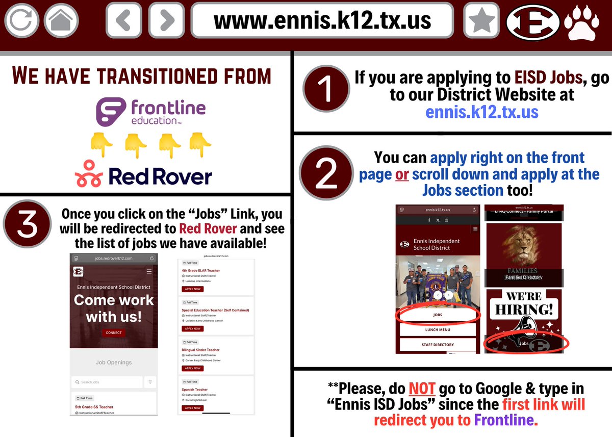 EnnisISD's tweet image. Just a reminder that we are using a new site to host our job postings. Please make sure to use our website to access the Red Rover app for the most up-to-date openings at EISD.