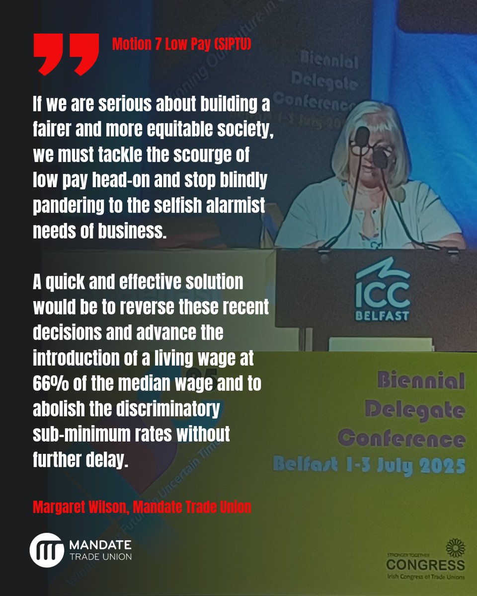 Mandate Trade Union (@mandatetu) on Twitter photo Speaking on Motion 7: Low Pay (SIPTU), Mandate Trade Union's Margaret Wilson spoke about ending the scourge of low pay at the <a href="/irishcongress/">Irish Congress (ICTU)</a> Biennial Delegate Conference in Belfast today.
#BDC25 #MakeWorkPay Speaking on Motion 7: Low Pay (SIPTU), Mandate Trade Union's Margaret Wilson spoke about ending the scourge of low pay at the <a href="/irishcongress/">Irish Congress (ICTU)</a> Biennial Delegate Conference in Belfast today.
#BDC25 #MakeWorkPay