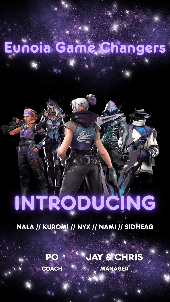 Eunoia Game Changers (@eunoiagc) on Twitter photo We are happy to announce our full roster, with sub, manager and coach!! ✨
💜 @abductedxo
💜 <a href="/kuromivlr/">kuromi ₍ ᐢ.ˬ.ᐢ₎˚୨୧</a>
💜 <a href="/emonamiaa/">nami</a>
💜 <a href="/sidheag08/">NOI sidheag</a>
💜 <a href="/Nyx_vlrr/">Lina</a>
Sub:
💜 <a href="/angellaalyass/">Angella Alyass</a>
Manager:
💜 <a href="/JayRNL07/">jayrnl7</a>
Coach:
💜 <a href="/XniPosh/">XniPosh</a>
✨✨ We are happy to announce our full roster, with sub, manager and coach!! ✨
💜 @abductedxo
💜 <a href="/kuromivlr/">kuromi ₍ ᐢ.ˬ.ᐢ₎˚୨୧</a>
💜 <a href="/emonamiaa/">nami</a>
💜 <a href="/sidheag08/">NOI sidheag</a>
💜 <a href="/Nyx_vlrr/">Lina</a>
Sub:
💜 <a href="/angellaalyass/">Angella Alyass</a>
Manager:
💜 <a href="/JayRNL07/">jayrnl7</a>
Coach:
💜 <a href="/XniPosh/">XniPosh</a>
✨✨