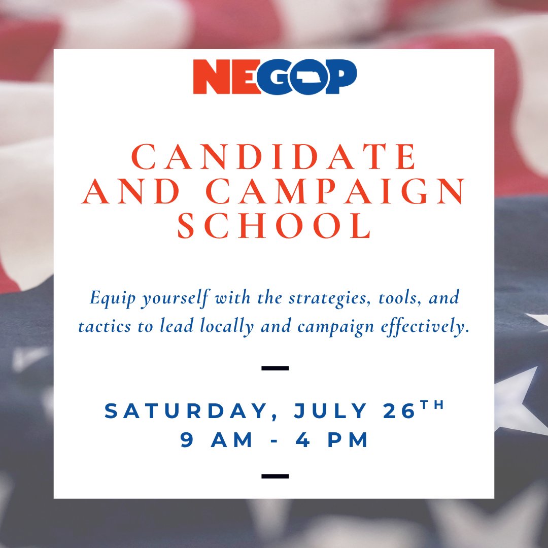NEGOP's tweet image. Join the NEGOP, with training provided by the RNC, on July 26th in Lincoln, NE, for a full-day Campaign School covering everything from strategy to voter outreach — designed for candidates and campaign staff ready to win in 2026 and beyond! 🇺🇸
Register here!…