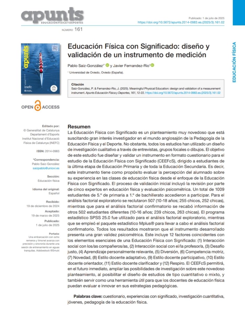 Pablo Saiz-González (@saizgonzalezp) on Twitter photo 📢 Compartimos un nuevo estudio sobre la EFcS! En este caso, el diseño y validación de un instrumento cuantitativo para medir las experiencias con significado en las clases de Educación Física. Muchas gracias a <a href="/javier_rio1/">Javier Fernández-Río</a> 💪
📎 🇪🇸 (Also in 🇬🇧!) revista-apunts.com/educacion-fisi… 📢 Compartimos un nuevo estudio sobre la EFcS! En este caso, el diseño y validación de un instrumento cuantitativo para medir las experiencias con significado en las clases de Educación Física. Muchas gracias a <a href="/javier_rio1/">Javier Fernández-Río</a> 💪
📎 🇪🇸 (Also in 🇬🇧!) revista-apunts.com/educacion-fisi…