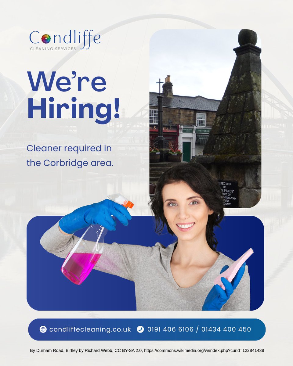We are looking for a cleaner in the Corbridge area for an immediate start.

4 hours per week 
Must be able to drive
Good rates of pay

Please get in touch for more information.  Join our fabulous team! #corbridge #vacancy #nefollowers