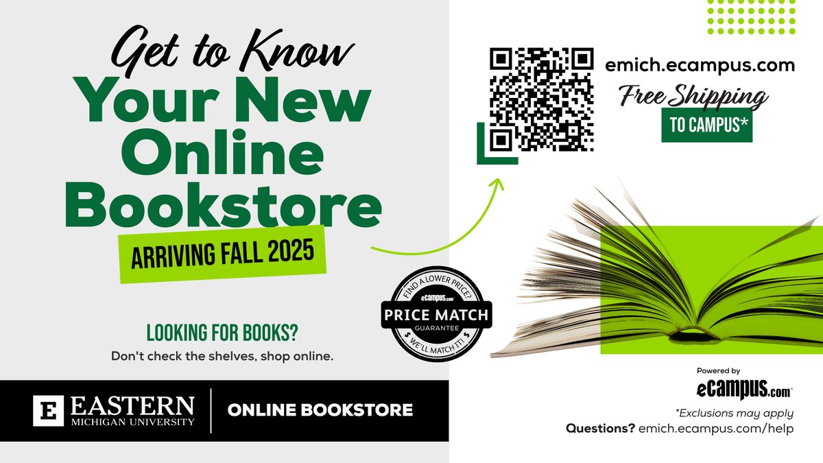 EMU is pleased to announce a new partnership with eCampus.com, which officially becomes our new campus bookstore provider. 

Implementation and integration are underway in preparation for the Fall 2025 semester. #TRUEMU

To learn more, visit true.mu/4lyte67.