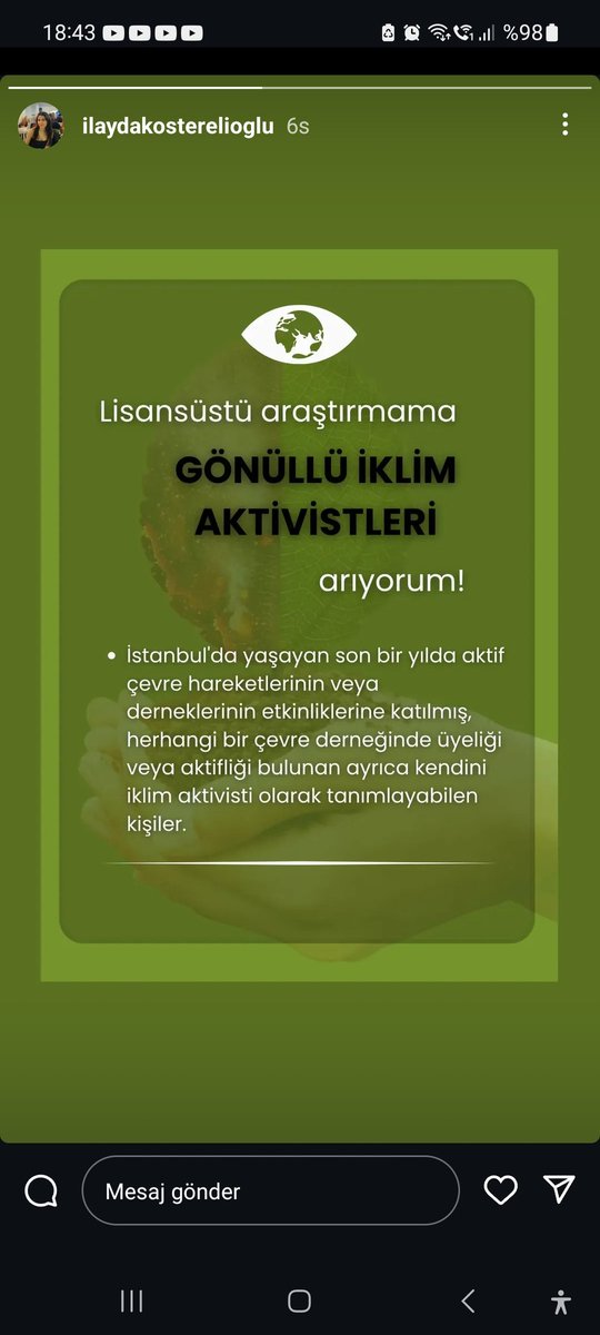 Yüksek lisans ögrencim İlayda Kösterelioğlu "Istanbul'da iklim kriziyle yaşamak" başlıklı tezi için fenomenolojik bir araştırma tasarlamıştır.  İklim krizi aşırı kuraklıktan yangın ve sellere kadar yakın  bir tehdit olsa da  kriz algısı bununla mutekabil degil. Yerinden etmelerin