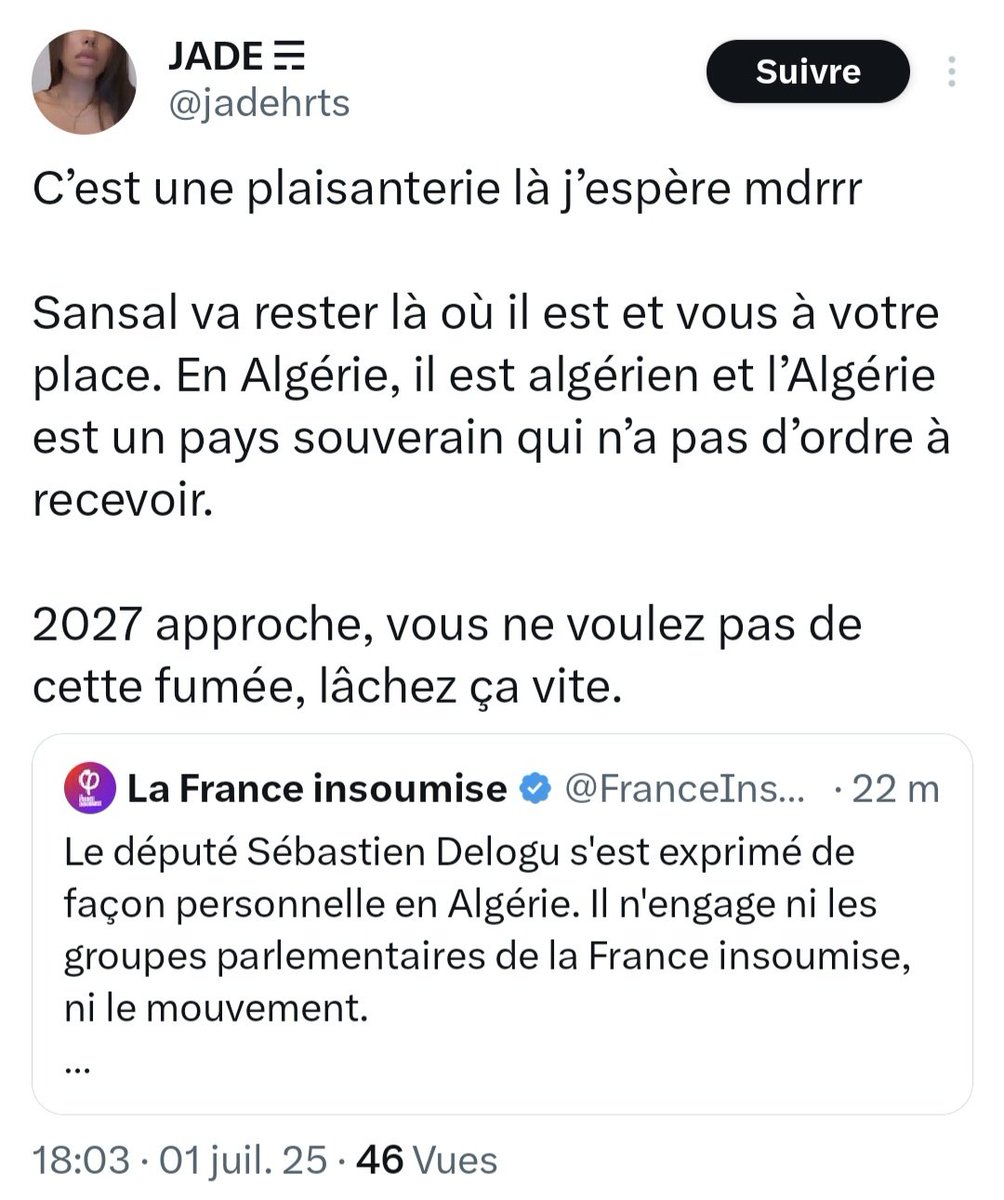 LFI prend ses distances avec Delogu sur l’Algérie et s’en prend plein la gueule de la part de ses propres électeurs.