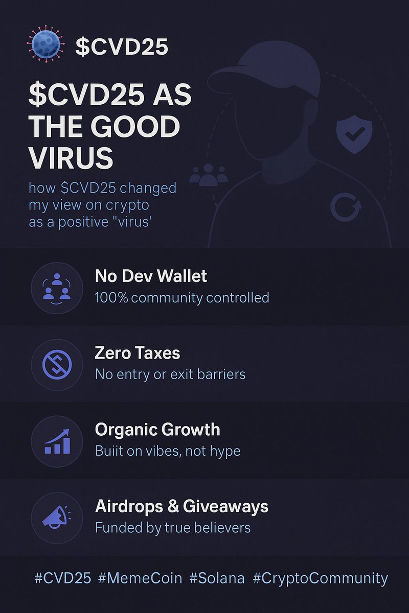 CREATOR__101's tweet image. 🧬 How a Meme Became a Movement – The $CVD25 Story

What if a virus could heal instead of harm?

What if a coin could infect crypto with purpose?

Let's enter: $CVD25 the “positive virus” spreading across Solana 🧵
#COVID25 #Solana #CryptoNarrative #MemeFi #CVD25ThreadContest