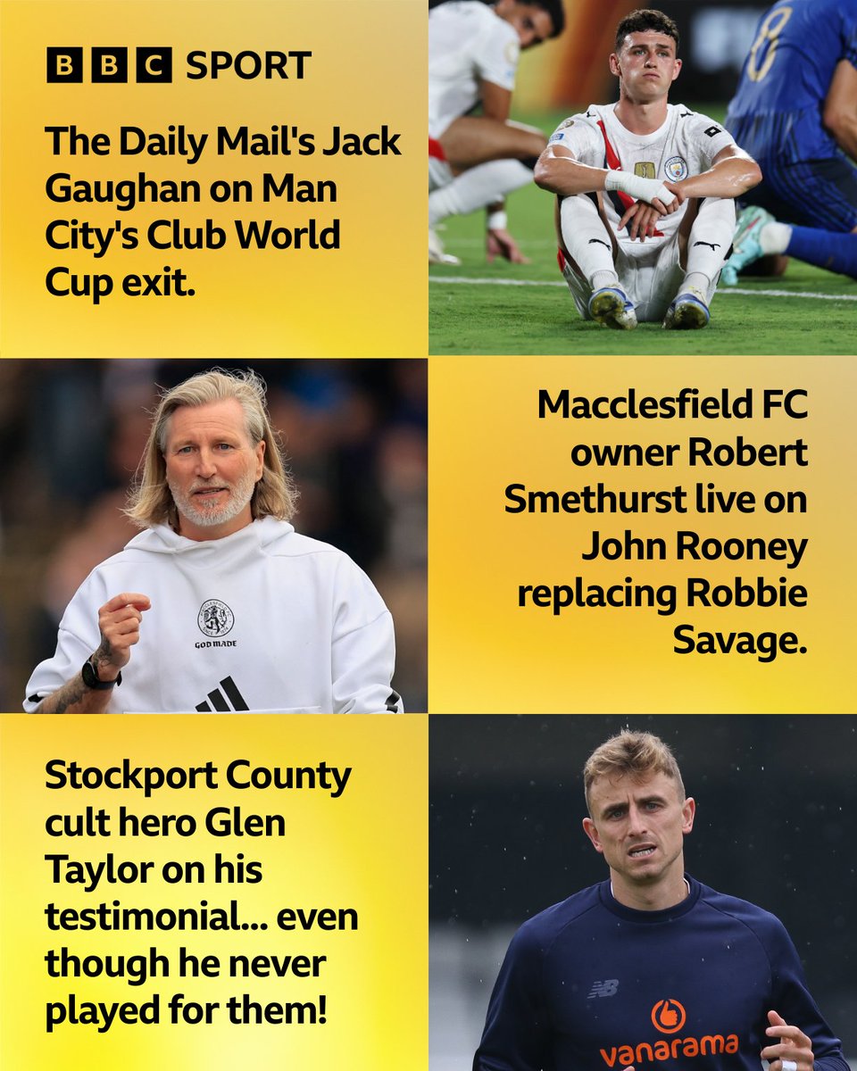 BBC Sport Manchester (@bbcrmsport) on Twitter photo ๐ป Coming up on Total Sport ๐ป
๐๏ธ<a href="/Radio_Gaz/">Gaz Drinkwater</a> and <a href="/kippaxgirlemily/">Emily Brobyn</a>
๐บ๐ธ <a href="/Jack_Gaughan/">Jack Gaughan</a> on City's shock defeat to Al-Hilal
๐ต <a href="/thesilkmen/">Macclesfield FC (C)</a> owner Rob Smethurst
๐ Stockport cult hero @glentaylor23 on his testimonial against County
๐ง Listen from 6โฃpm: bbc.in/4lwDQm7
#MCFC ๐ป Coming up on Total Sport ๐ป
๐๏ธ<a href="/Radio_Gaz/">Gaz Drinkwater</a> and <a href="/kippaxgirlemily/">Emily Brobyn</a>
๐บ๐ธ <a href="/Jack_Gaughan/">Jack Gaughan</a> on City's shock defeat to Al-Hilal
๐ต <a href="/thesilkmen/">Macclesfield FC (C)</a> owner Rob Smethurst
๐ Stockport cult hero @glentaylor23 on his testimonial against County
๐ง Listen from 6โฃpm: bbc.in/4lwDQm7
#MCFC