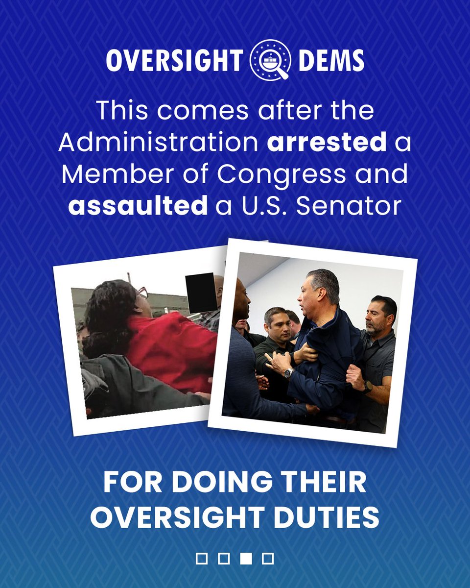 OversightDems's tweet image. ICE is taking people off the street, ripping families apart, &amp;amp; holding them in inhumane conditions. Congress has the right to enter ICE facilities to expose &amp;amp; stop this.

Ranking Member @RepRobertGarcia &amp;amp; Oversight Dems are DEMANDING Kristi Noem stop preventing vital oversight.