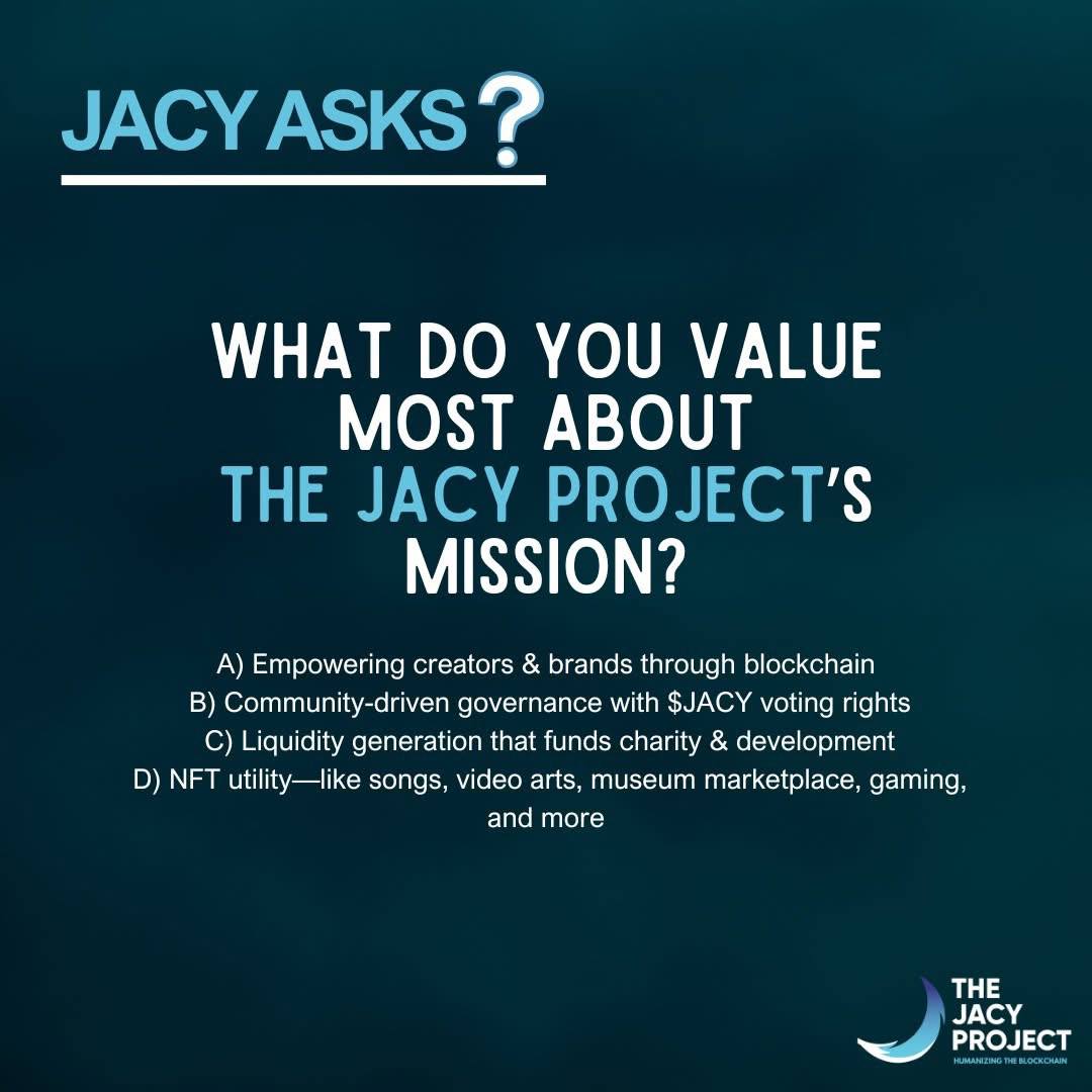 TheJacyProject's tweet image. Our world thrives when innovation meets community—and that's why you matter most. Help shape the future of $JACY and Web3 🌟
Vote below and tell us why in the comments 👇
#TheJACYProject #JACYAsks #CryptoCommunity #Web3 #Blockchain