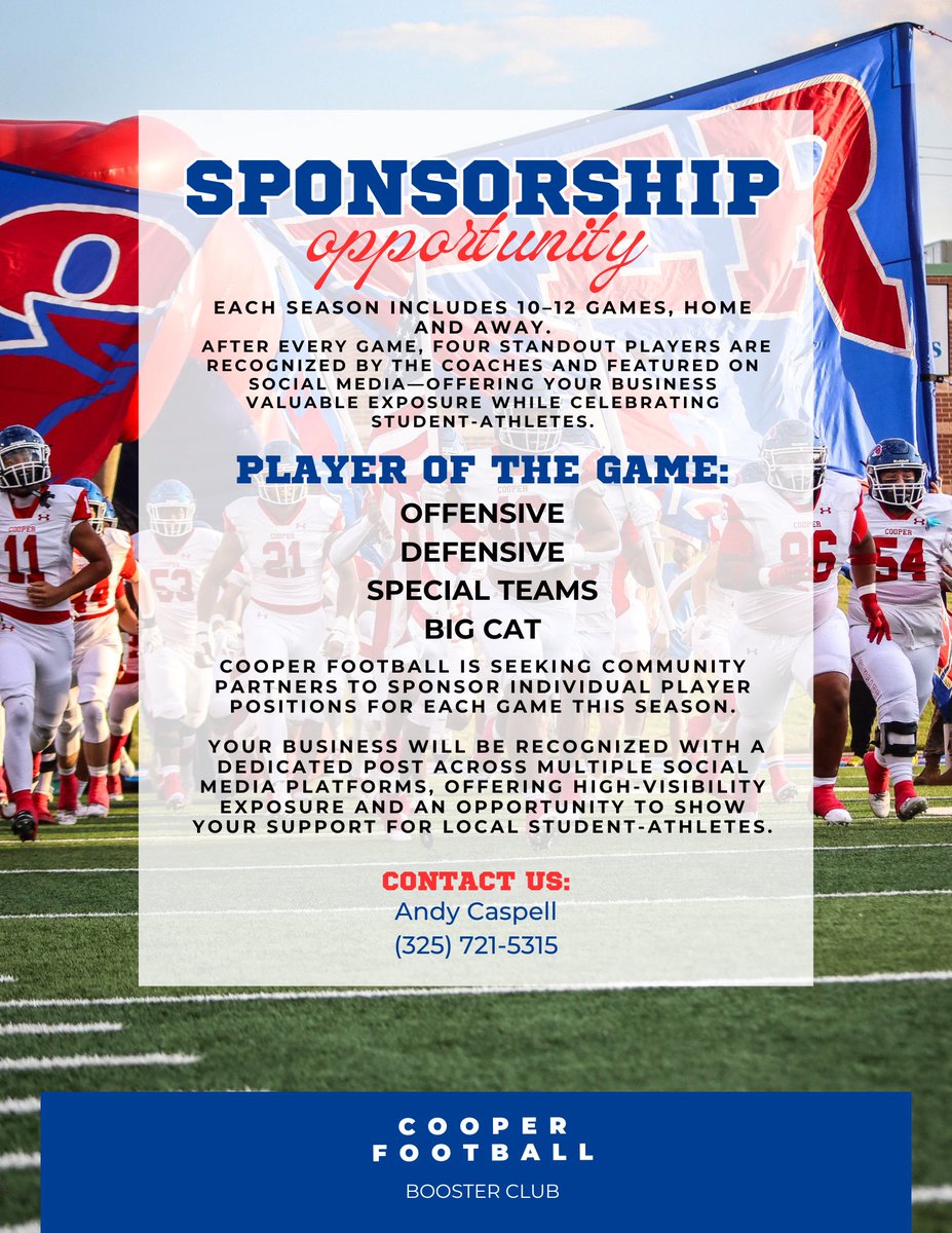 Cooper_boosters's tweet image. 📣 Sponsorship Opportunity! 📣
Support Cooper Football and gain high-visibility exposure for your business! 🏈
We’re looking for sponsors to recognize our Player of the Game.
Your business will be featured across our social media platforms after each game!