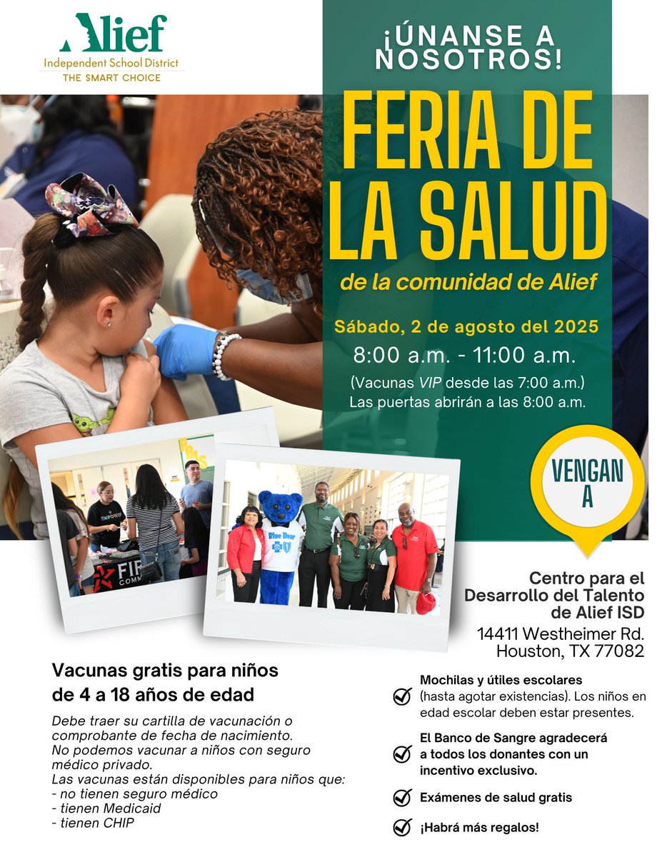 Mark your calendars for the Alief Community Health Fair on Saturday, August 2, 2025! 
🎉 Free immunizations 
🎒 Backpack and school supplies 
🩺 Health screenings 
🎁 Great giveaways
Check the flyer for all the details. See you there!
