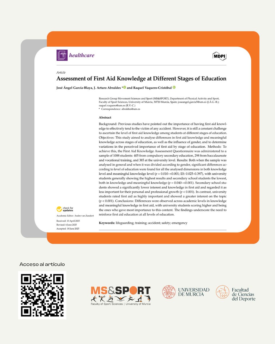 Sumamos una nueva publicación científica desde MSandSport:
“Assessment of First Aid Knowledge at Different Stages of Education” 
 La investigación es nuestra base para mejorar cada día.

#MS&amp;SPORT #DeporteConCiencia 
#InvestigaciónDeportiva #UMU
<a href="/umucafd/">CAFD UMU</a> <a href="/UMUdivulga/">UMU Divulga</a>