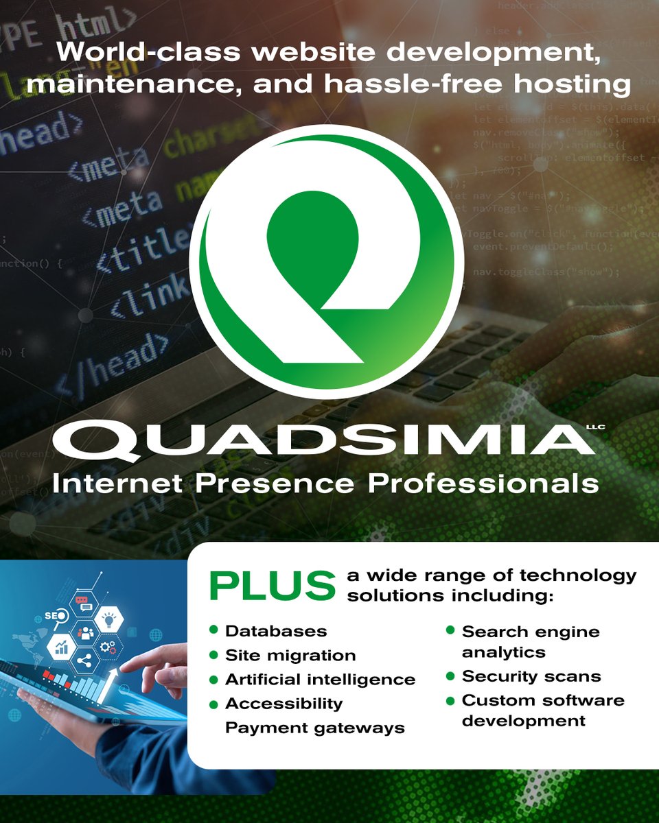 quadsimia's tweet image. ✨ Websites. Apps. AI. Strategy.
 We do it all—so your business can do more.
For 25+ years, Quadsimia has helped businesses get found &amp;amp; grow online with everything from custom development to marketing tools.
📲 Let’s build smarter: quadsimia.com

#DigitalExperts