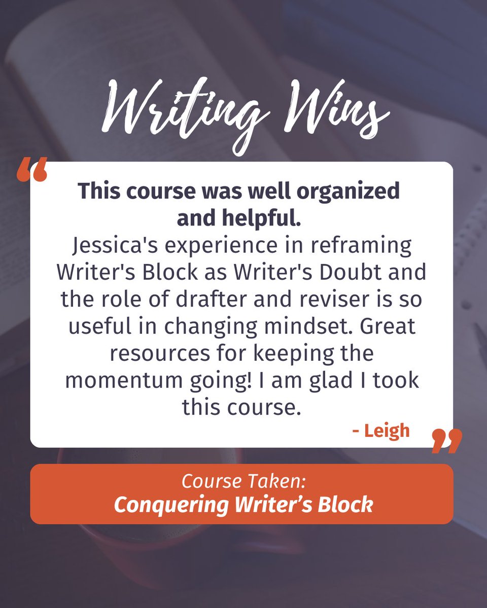 writing_mastery's tweet photo. Feeling blocked? Try our 'Conquering Writer's Block' course! It helped Leigh. 😜

Visit our website to learn more: https://t.co/coglohuTtj

#WritingCommunity #WritingMastery #AmWriting #Author #WritersBlock https://t.co/XblyhyBT1C