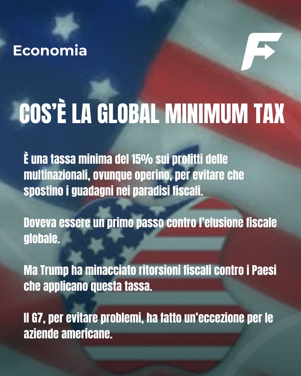 Futurando_net's tweet photo. Il G7 esenta le multinazionali americane dalla global minimum tax per evitare ritorsioni da Trump.

Giorgetti parla di “compromesso onorevole”, ma Oxfam attacca: “Un grave passo indietro per tutti”.

🔁 Segui @futurando_net per rimanere sempre aggiornato
#G7 #Trump #Tasse #NATO https://t.co/TeRqIXpWeM