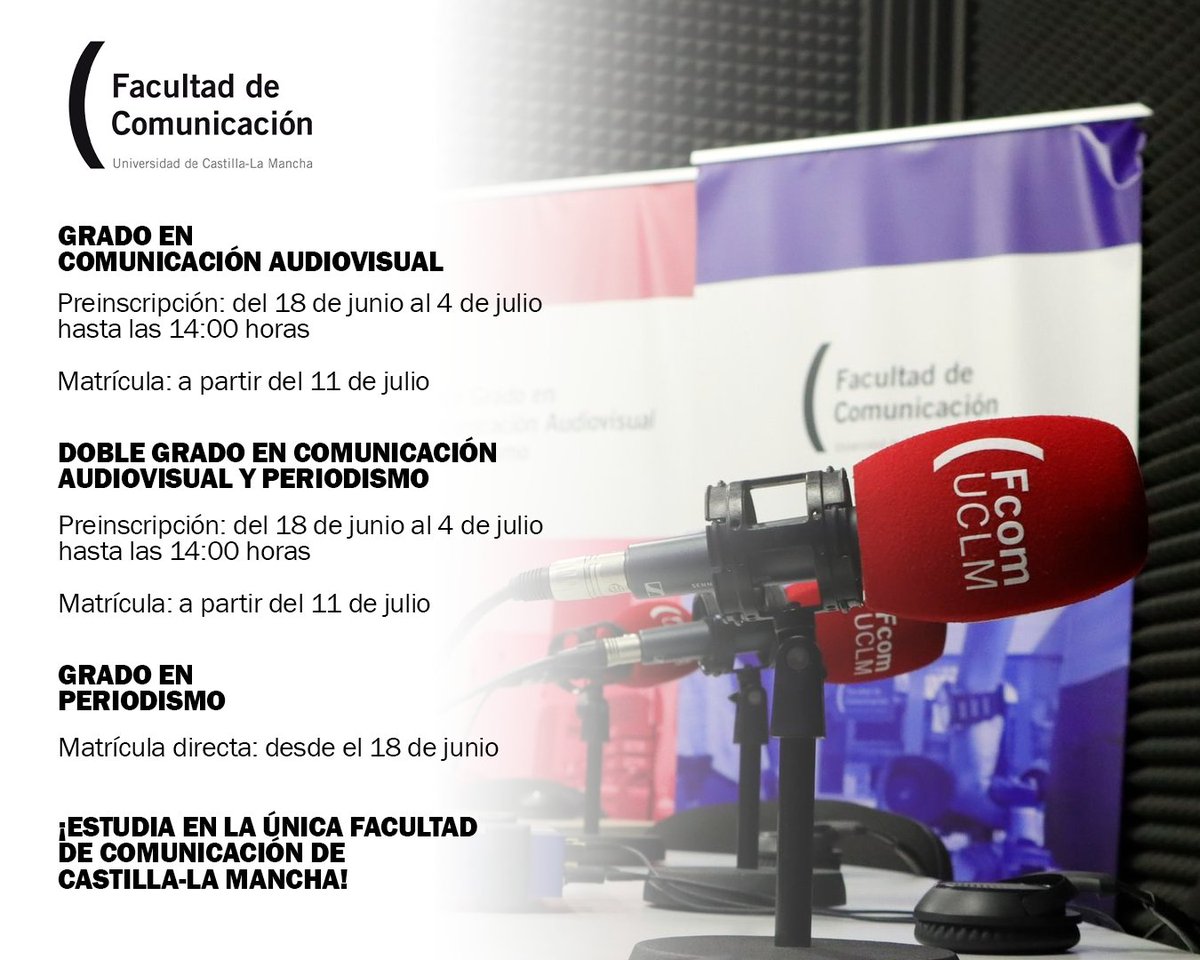 FcomUCLM's tweet image. Venga, que te estamos esperando... 

Periodismo, Comunicación Audiovisual, Doble Grado en Periodismo y Comunicación Audiovisual... y ¡¡muchas aventuras más!!

#Elcambioerestú
#uclmers