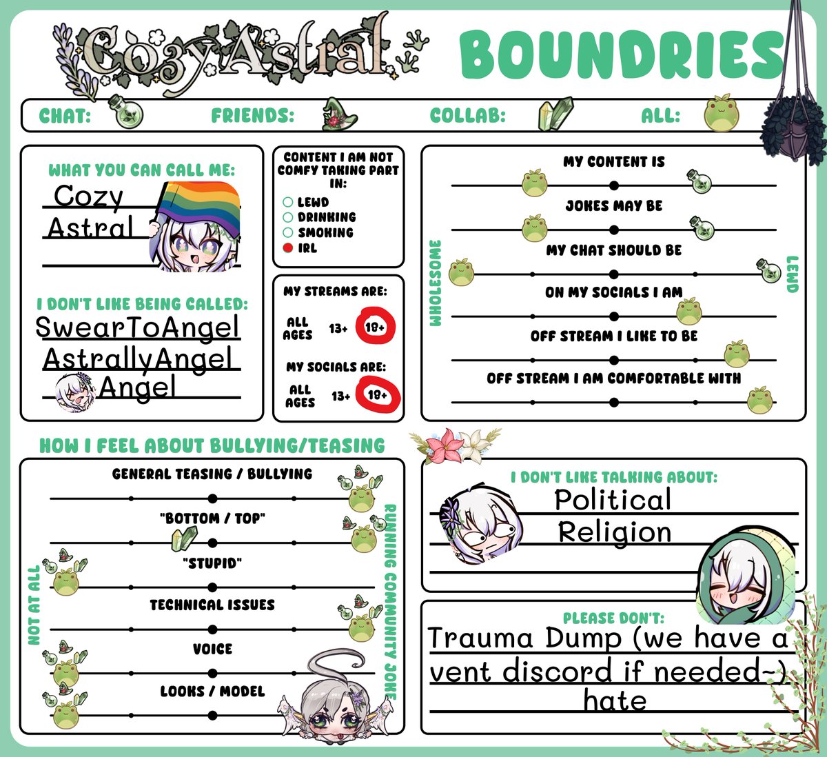 🐸✨ Just filled out the VTuber boundaries trend from last year!
🌸Sharing again as a gentle lil reminder of what makes the cozy garden feel safe
🤣Notice what chat should be and what is actually is
ps. ✨I’ve quote retweeted the original creator with mine, so you can do it too!