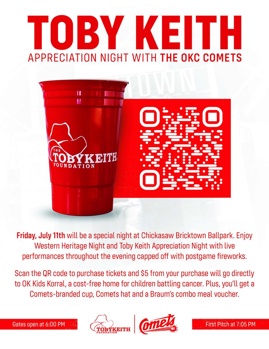 We’re counting down the days to July 11th for Toby Keith Night and Western Heritage Night at the Chickasaw Bricktown Ballpark! Grab your tickets using our special link and $5 will be donated to OK Kids Korral! gofevo.com/event/Tobykeit…