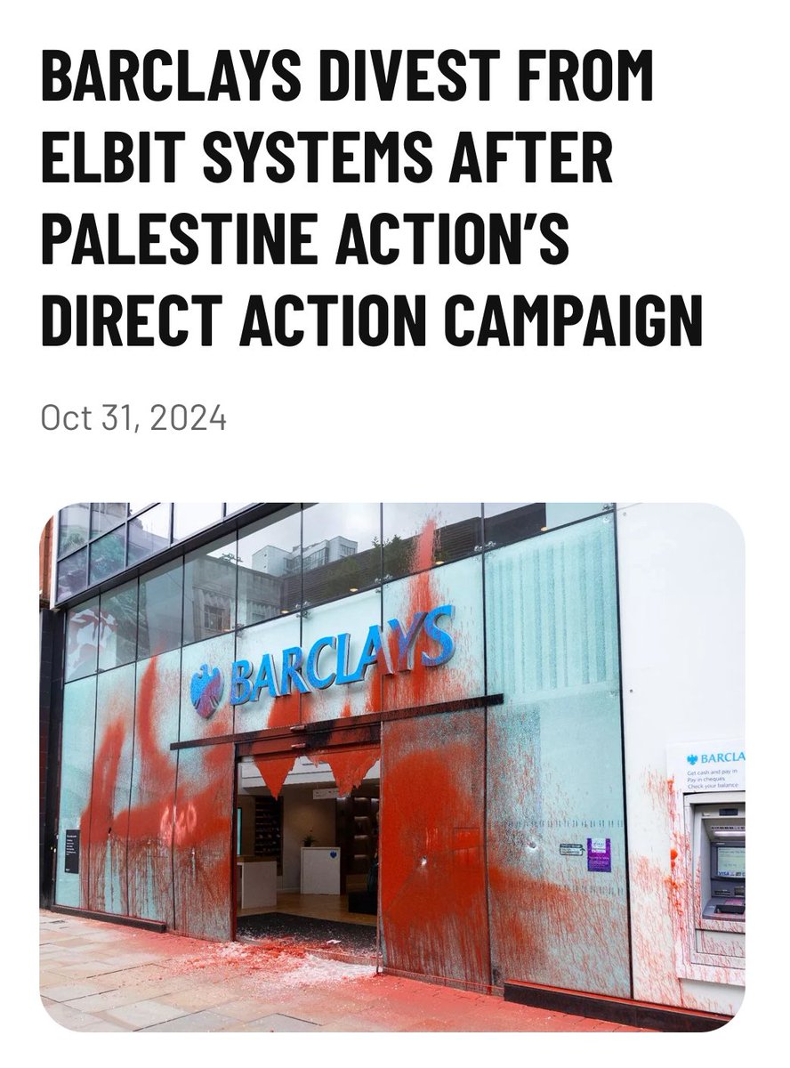 Barclays frasælger alle aktier i israelske Elbit efter en &gt;1 år lang civil ulydighedskampagne med det mål at få Barclays til at frasælge alle aktier i Elbit…

Nåh dada… alle jer der hader civil ulydighed har da ellers fortalt mig 1000x at civil ulydighed ik virker!? 🤷‍♂️

#dkpol