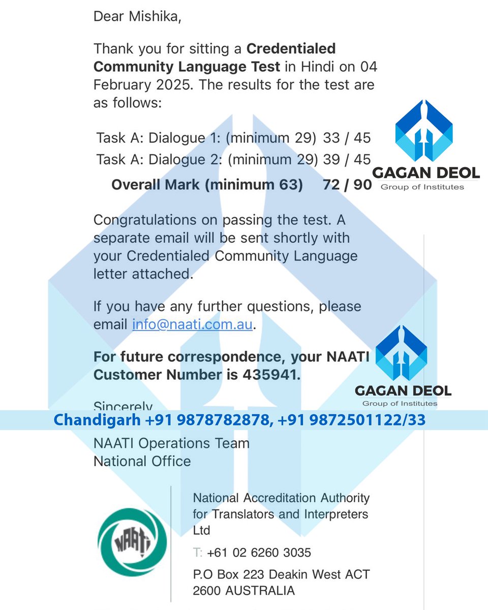 deoldon's tweet photo. Mishika is an Australian PR applicant, currently residing in Melbourne, Australia.

She is a professional working and was also our student for CCL-NAATI in January 2025. She attended the one-on-one online training of PTE-Academic at ‘Gagan Deol Group of Institutes’ for one month. https://t.co/JhbUM1rMpk