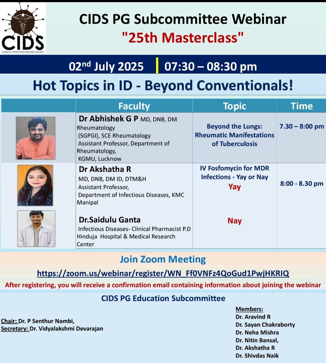 Excited to speak on Rheumatic Manifestations of Tuberculosis tomorrow evening at the CIDS PG Subcommittee webinar! Don’t miss it — register soon! 🦠🦴🗓️ #CIDS #Tuberculosis #Rheumatology #MedTwitter zoom.us/webinar/regist…