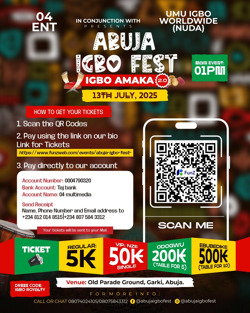 🔥 The Most Talked-About Cultural Event in ABUJA Is Back! 🔥

#AbujaIgboFest is here again — bigger, better, and more vibrant! 🎉
Come experience the rich Igbo culture through mouthwatering food, authentic drinks, traditional music, and stunning fashion! 🥁🍲👘

It’s not just for