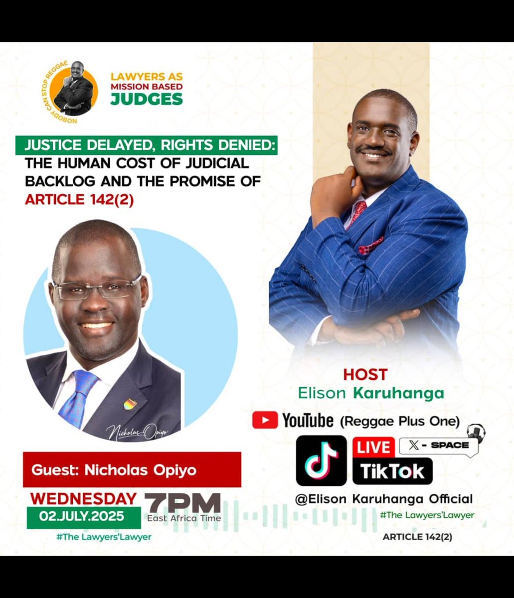 Join us tomorrow, Wednesday on our weekly X spaces as we host <a href="/nickopiyo/">Nicholas Opiyo (Pronouns He/Him)</a> on the human cost of judicial backlog and the promise of Article 142(2)
#LawyersLawyer #JudicialReform #JSC
<a href="/elisonk/">Elison Karuhanga</a> <a href="/MuyaakaAlfred/">Alfred Muyaaka</a> <a href="/IamTheSparrow/">Joy E Mbabazi</a>