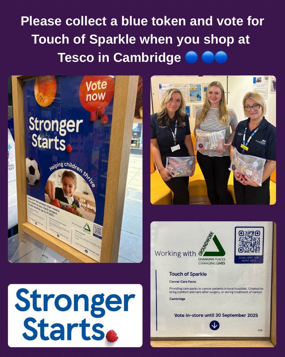 _touchofsparkle's tweet photo. 🛒 🔵 Please vote for Touch of Sparkle when you shop at Tesco from July to September 2025! 🛒 🔵 

We are delighted to be part of the Tesco Stronger Starts token scheme in Cambridge.

Simply collect a blue token and put it in the Touch of Sparkle box. Thank you! 💜✨🔵
#cancer https://t.co/i7yTrMRVYw